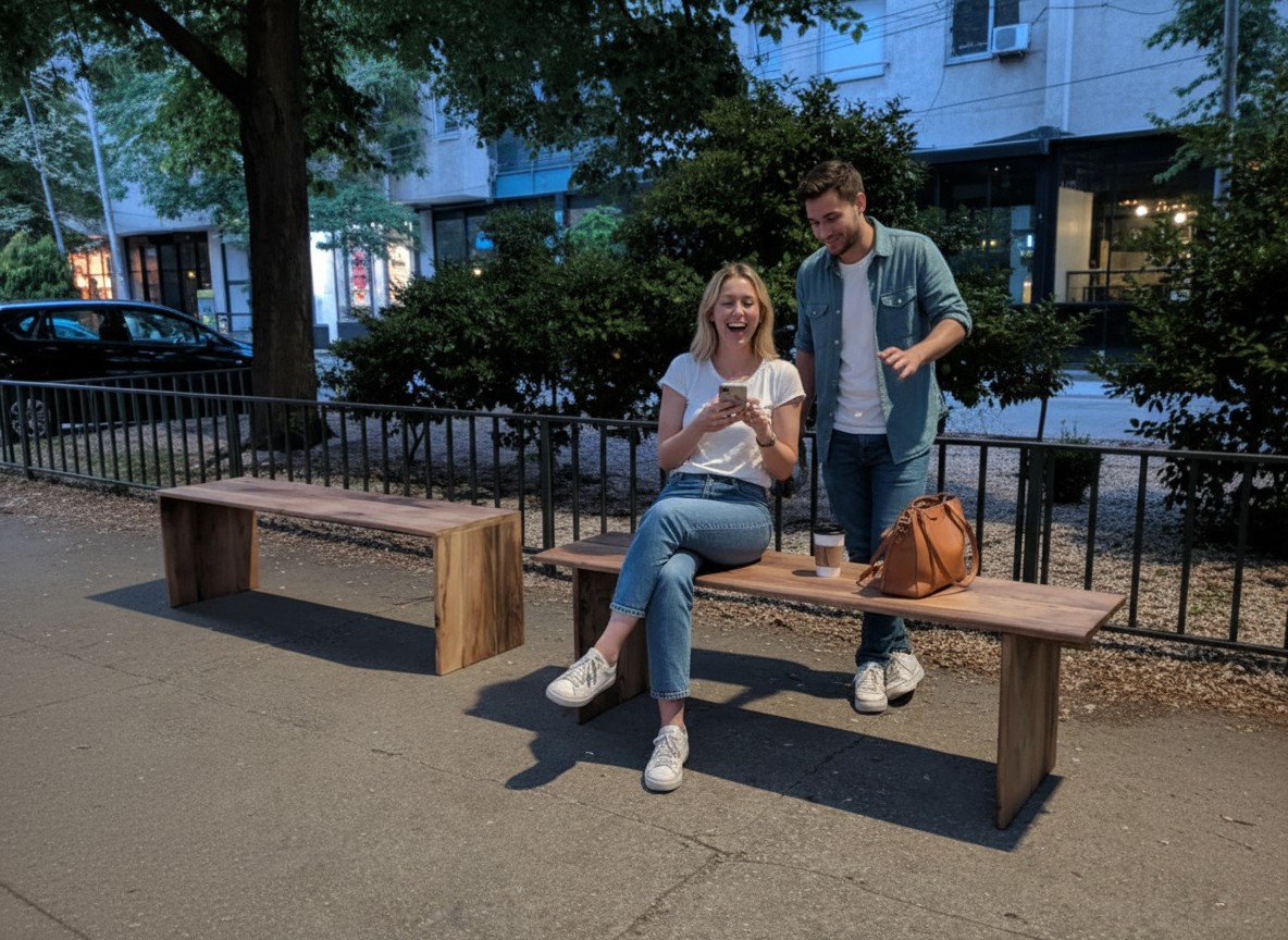 Woman sits on a wooden bench in an urban park, smiling at her phone while a man stands beside her; a coffee cup and brown bag sit on the bench behind them.