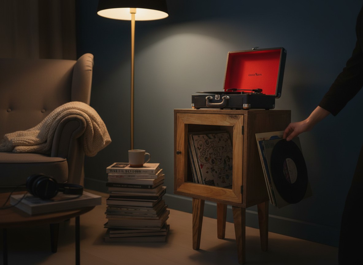 Cozy living room corner with a wooden cabinet holding a vinyl turntable and stack of records, a hand placing a record on the player.
