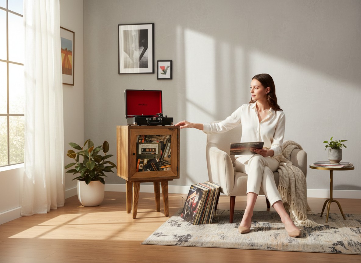Woman in a white outfit sits in a sunlit living room, spinning a red turntable on a wooden cabinet.